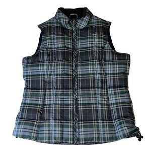 Eddie Bauer Womens Medium Goose Down Puff Vest Jacket Blue Plaid Quilted